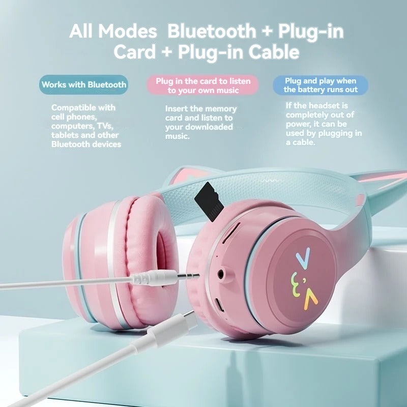 RGB Glow Cat Ear Wireless Earbuds Bluetooth 5.3 | Gaming Sports Headphones with LED Lights, Mic & MP3 Player