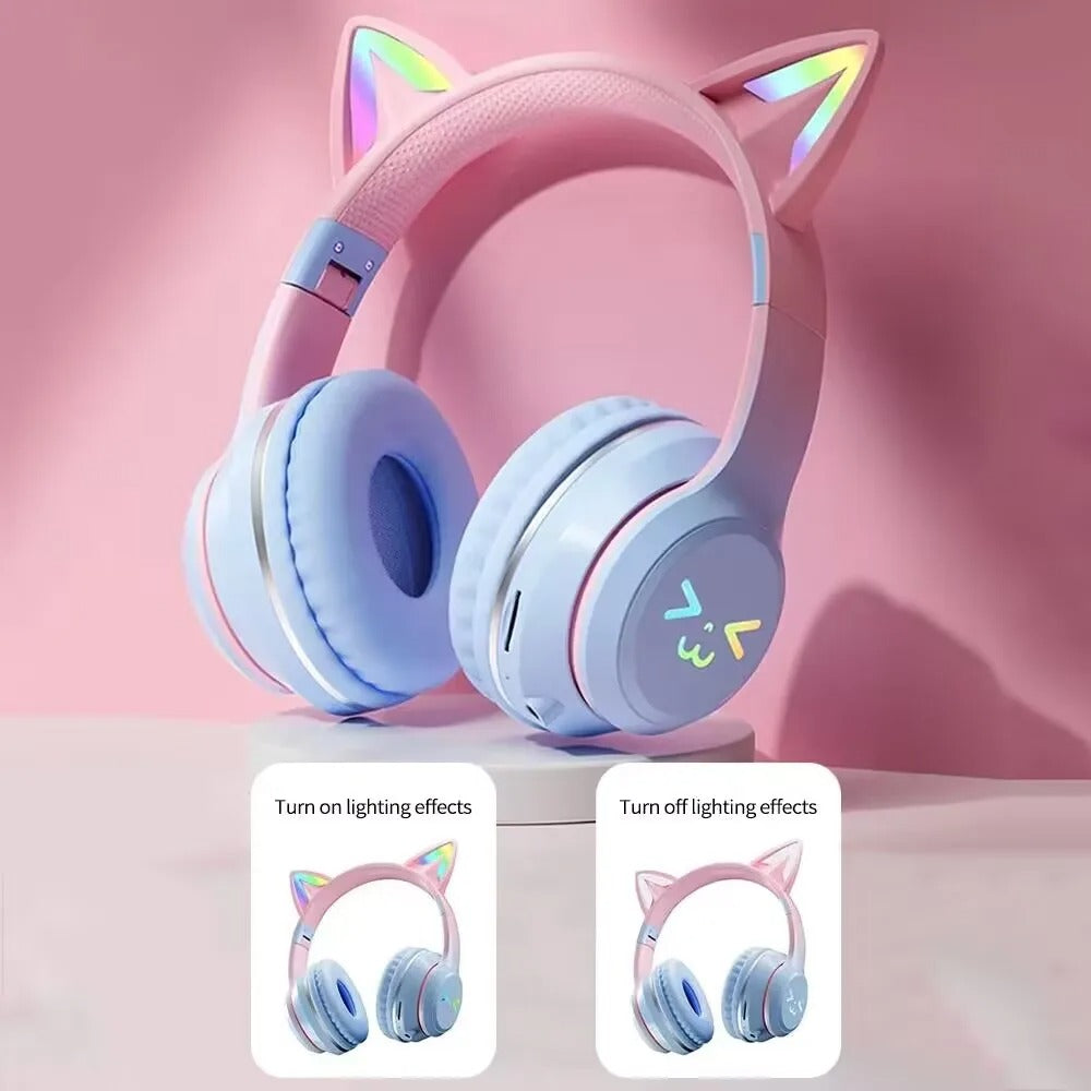 RGB Glow Cat Ear Wireless Earbuds Bluetooth 5.3 | Gaming Sports Headphones with LED Lights, Mic & MP3 Player
