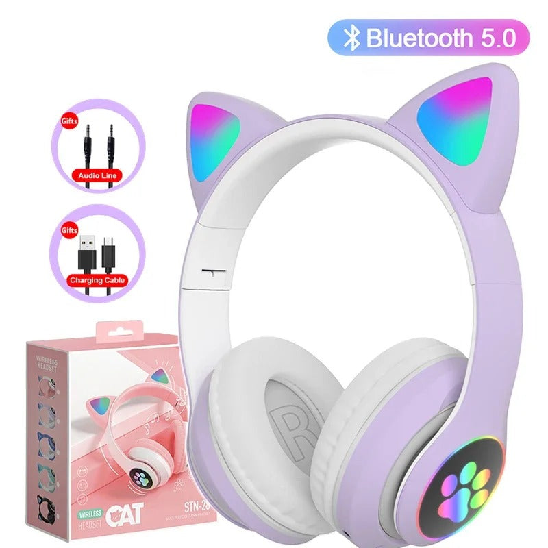 Flash Lamp Cat Ear Bluetooth Headphones for Kids | Wireless Stereo Headset with Mic, TF Card Support & LED Light-Up Ears