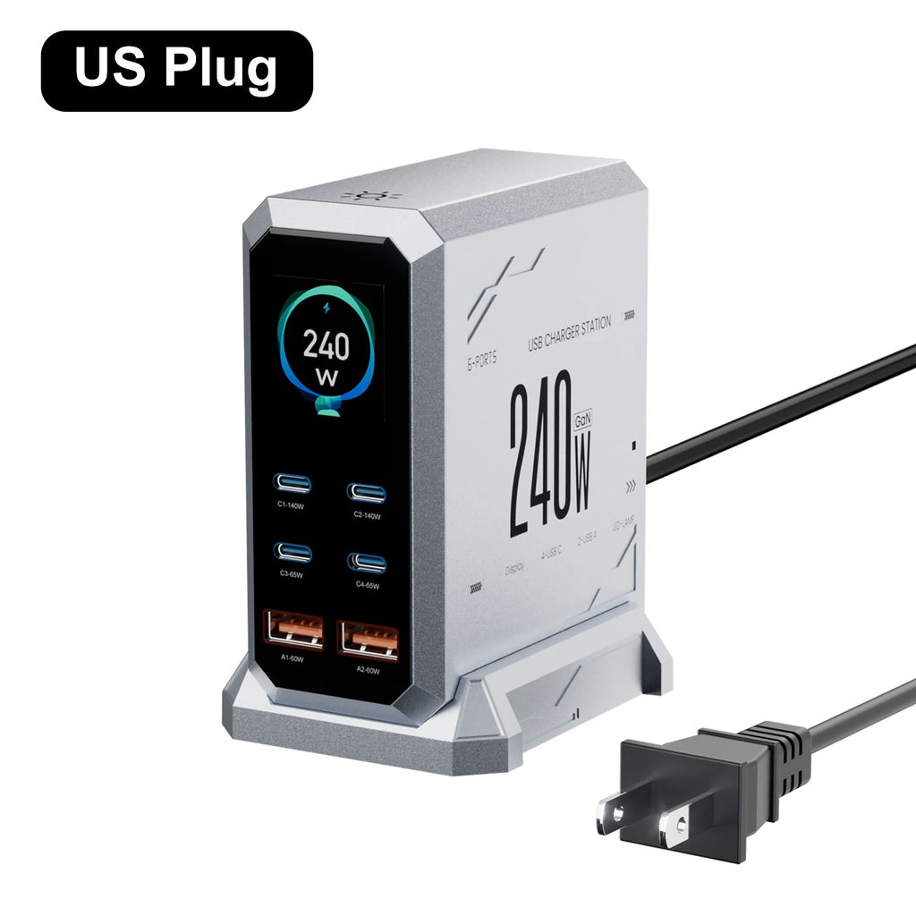 240W GaN Fast Charging Station 6-in-1 | 140W PD 3.1 PPS USB-C Multi-Port Charger with Digital Display | For MacBook, iPhone 16/15, Samsung & Laptops