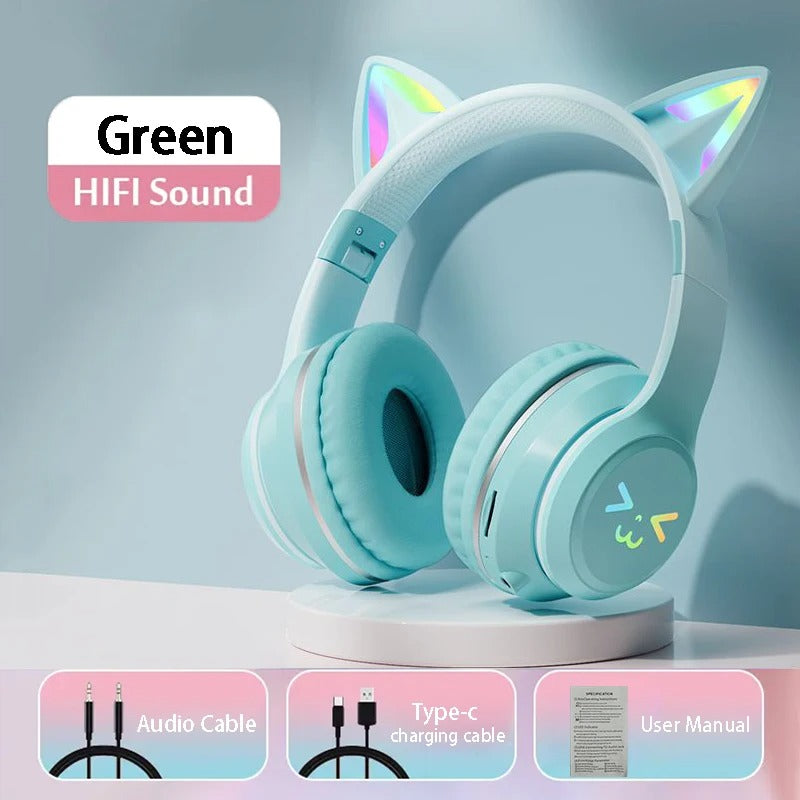 RGB Glow Cat Ear Wireless Earbuds Bluetooth 5.3 | Gaming Sports Headphones with LED Lights, Mic & MP3 Player