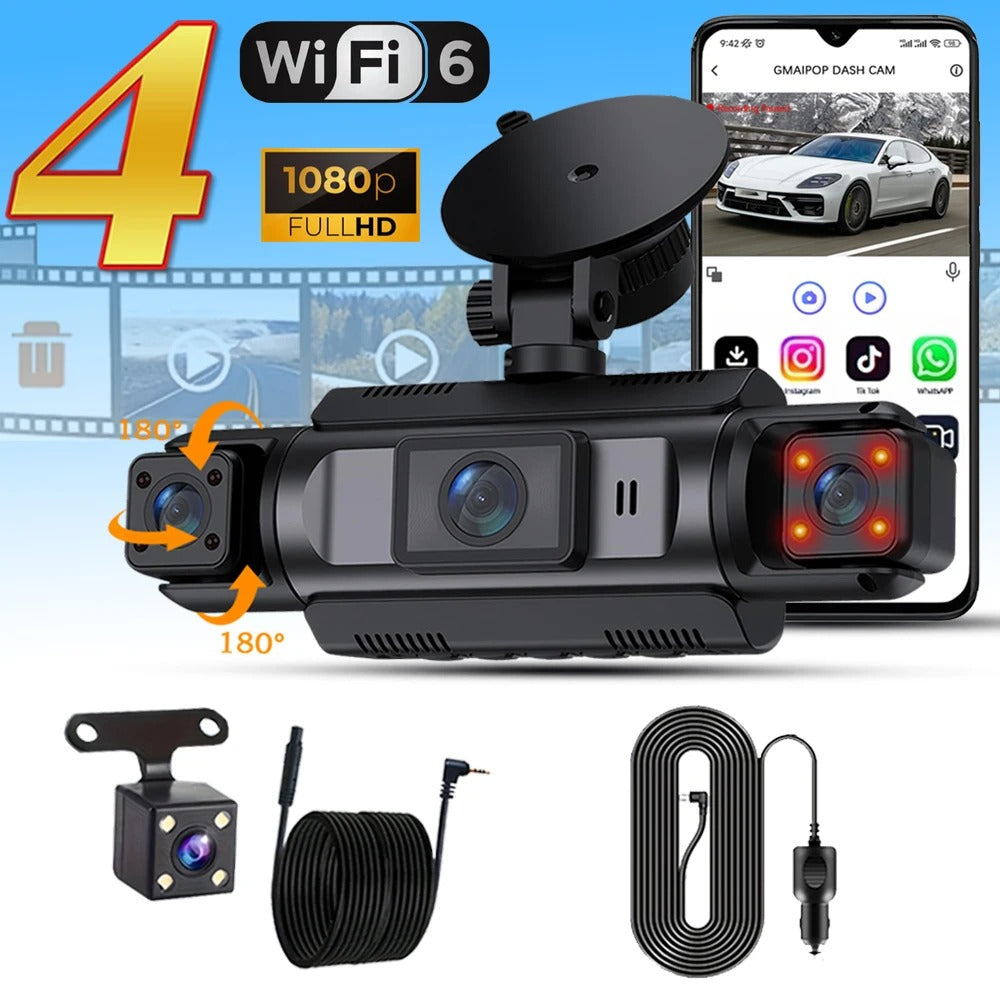 4-Channel WiFi Dash Cam 1080P Full HD – Front, Left, Right & Rear Camera System with Night Vision, Loop Recording & Hardwire Kit