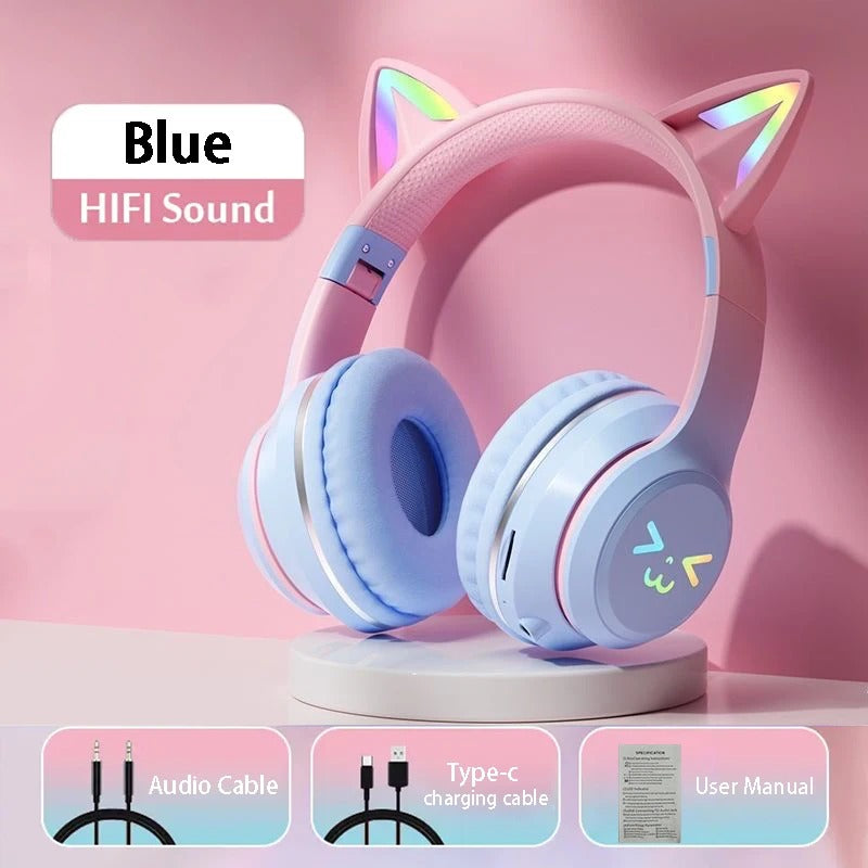 RGB Glow Cat Ear Wireless Earbuds Bluetooth 5.3 | Gaming Sports Headphones with LED Lights, Mic & MP3 Player