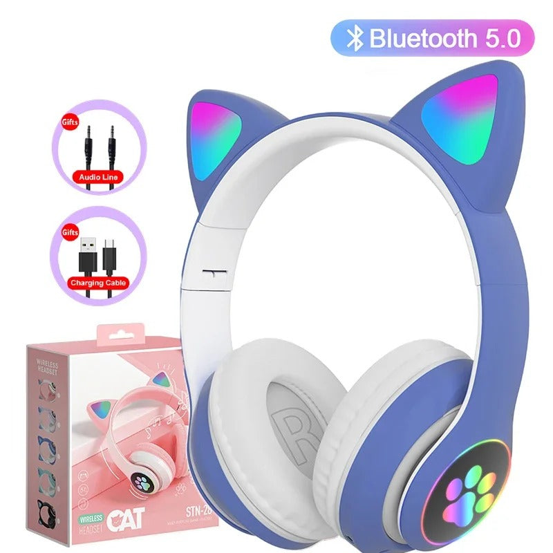 Flash Lamp Cat Ear Bluetooth Headphones for Kids | Wireless Stereo Headset with Mic, TF Card Support & LED Light-Up Ears