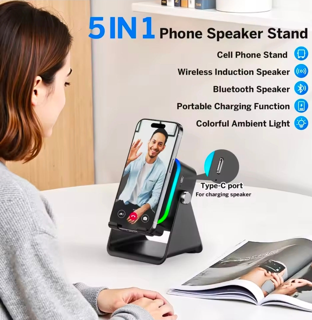 (upgraded)5 In 1 Auto-induction 500OmAh Wireless Induction Speaker 8 RGB Lights HIFI Sound Portable Bluetooth Phone Holder Gifts