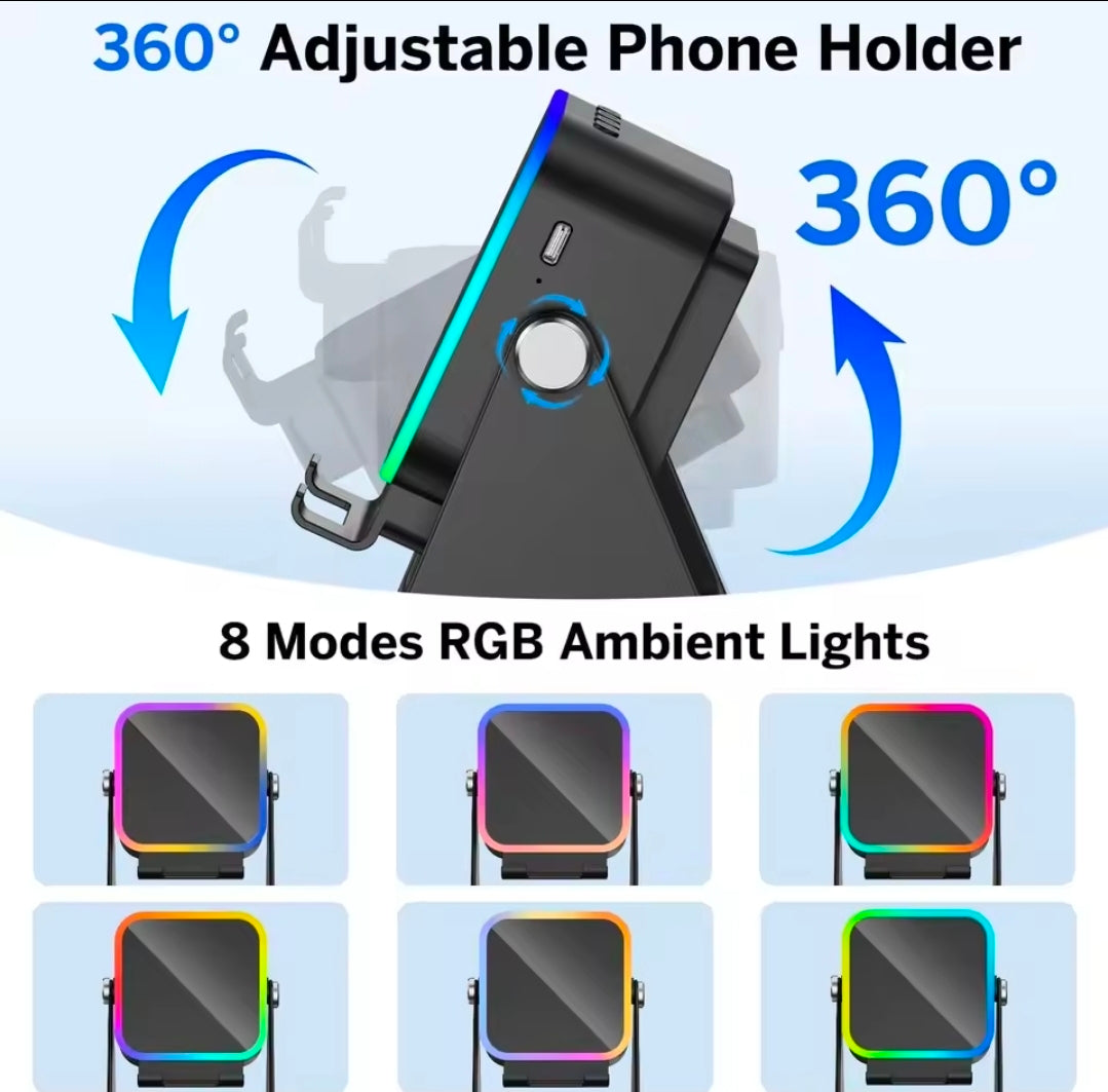 (upgraded)5 In 1 Auto-induction 500OmAh Wireless Induction Speaker 8 RGB Lights HIFI Sound Portable Bluetooth Phone Holder Gifts